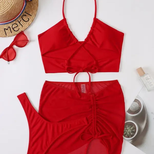 Red three-piece bikini from Boho Ruched Tie Strap collection for summer vibes