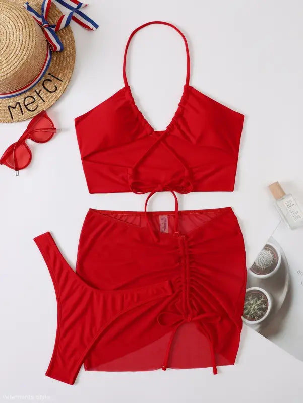 Red three-piece bikini from Boho Ruched Tie Strap collection for summer vibes
