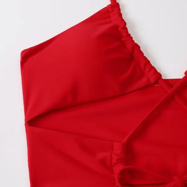 Red swimsuit top from the Boho Ruched Tie Strap three piece bikini for summer vibes