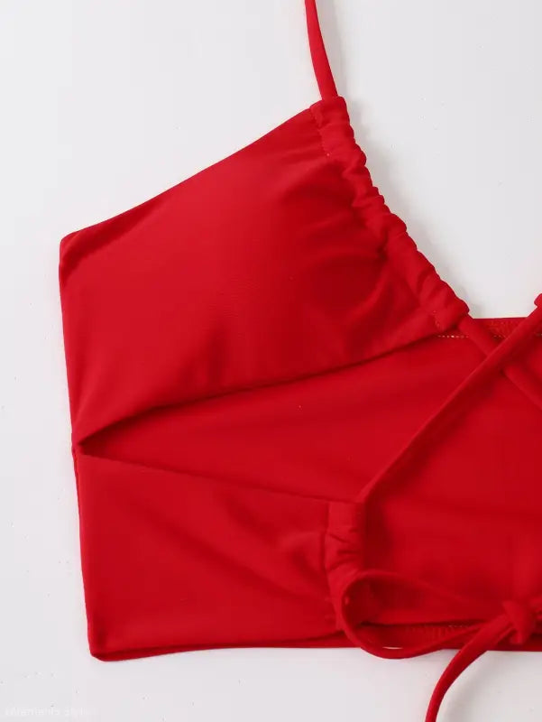 Red swimsuit top from the Boho Ruched Tie Strap three piece bikini for summer vibes