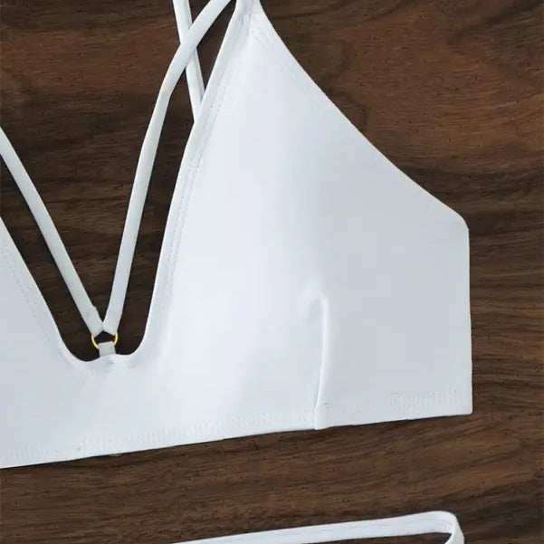 White swimsuit top from Boho Small Circle Swimsuit collection, stylish nylon circle swimsuit