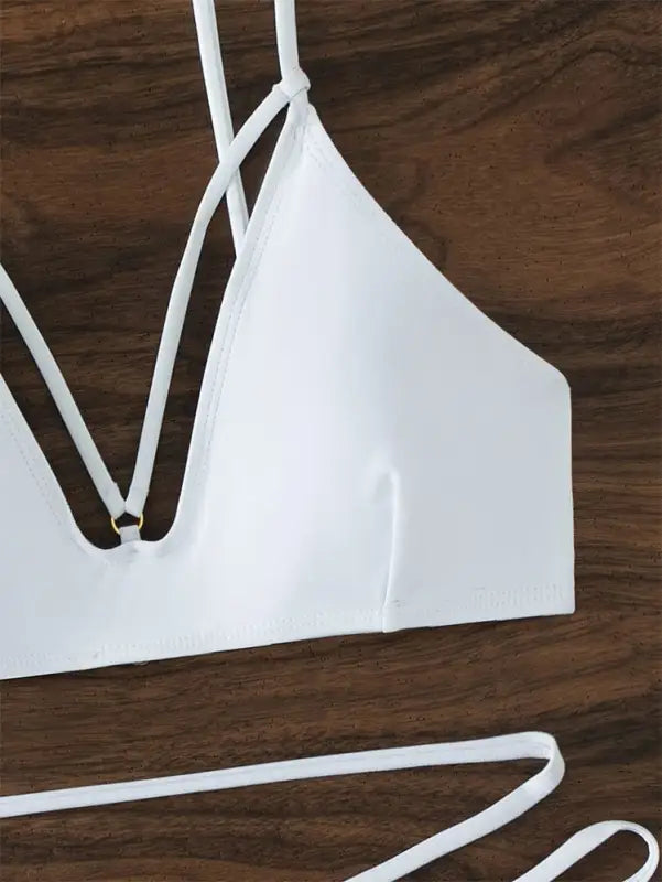 White swimsuit top from Boho Small Circle Swimsuit collection, stylish nylon circle swimsuit