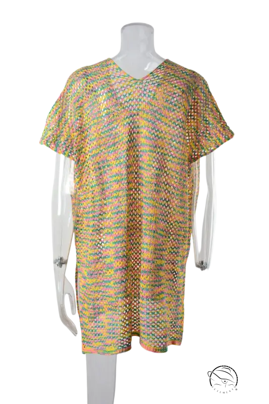 Colorful knitted boho summer beach cover on brocade clothing model