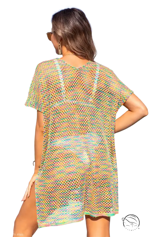 Model in boho summer beach cover dress with polka dots and lace