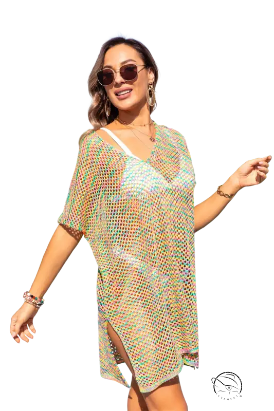 Boho summer beach cover dress in colorful mesh with split sleeves and lace