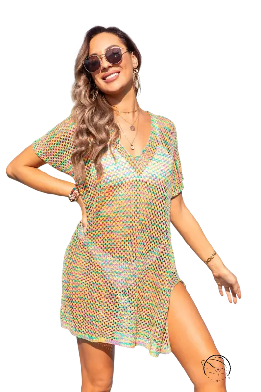 Boho summer beach cover dress with split sleeves, lace details, and side slit in model photo shoot