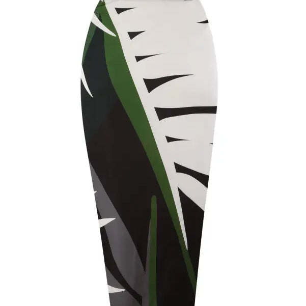 Pencil skirt with tropical leaf print paired with Boho Summer Color Block Jumpsuit