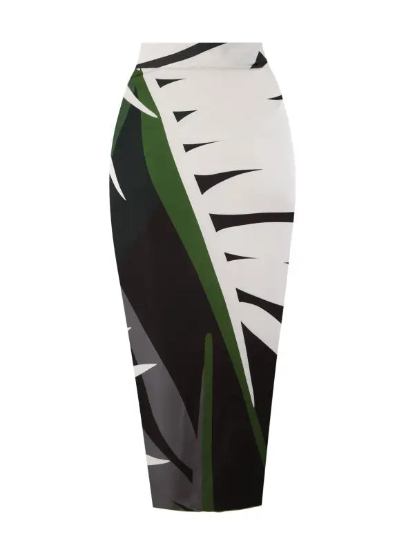 Pencil skirt with tropical leaf print paired with Boho Summer Color Block Jumpsuit