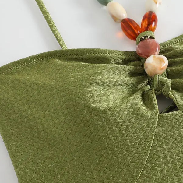 Green textured top with beaded strap from Boho Summer Color Block Jumpsuit in Green