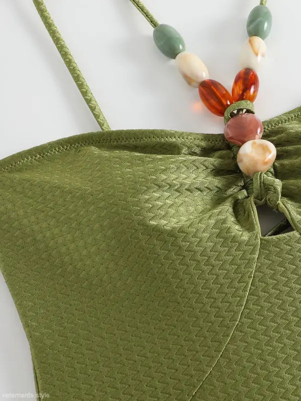 Green textured top with beaded strap from Boho Summer Color Block Jumpsuit in Green