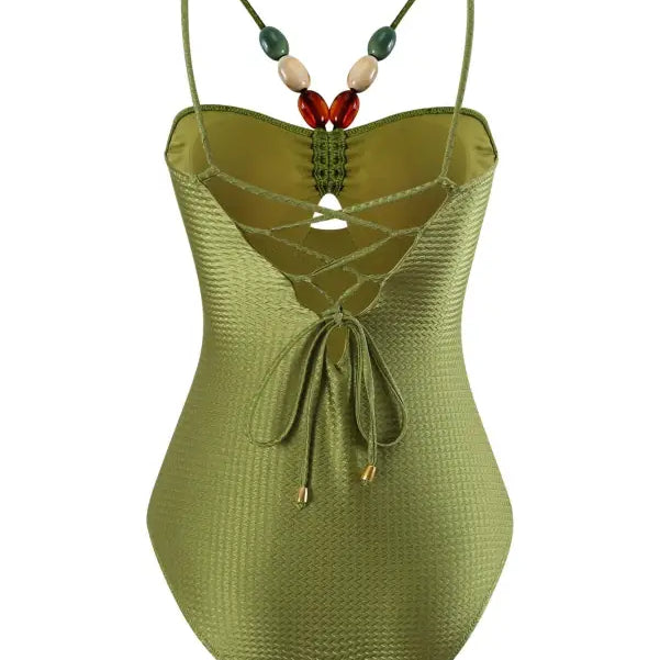 Olive green swimsuit with beaded straps, complements the Boho Summer Color Block Jumpsuit