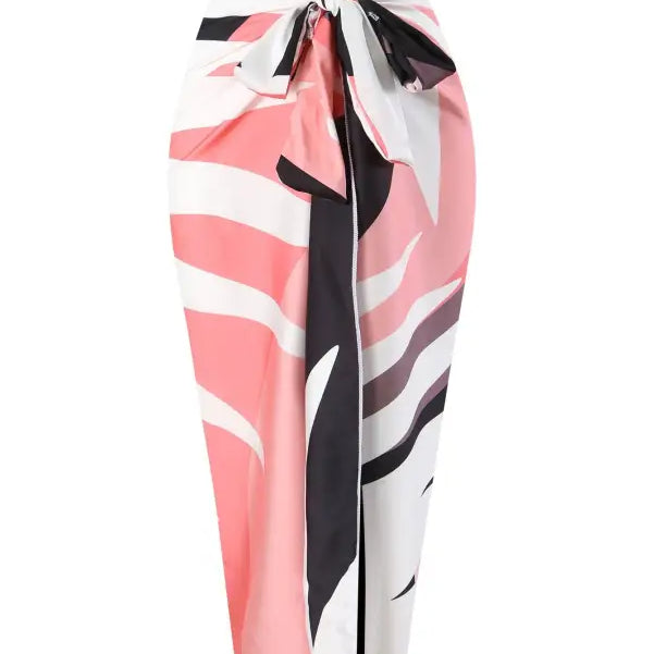 Abstract print sarong paired with Boho Summer Color Block Jumpsuit in Wine Red, Pink, Green