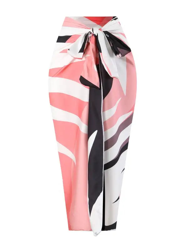 Abstract print sarong paired with Boho Summer Color Block Jumpsuit in Wine Red, Pink, Green