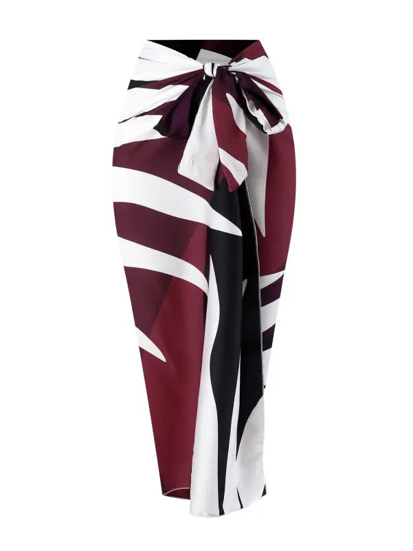 Maroon, white, and black patterned sarong paired with a Boho summer wine red jumpsuit