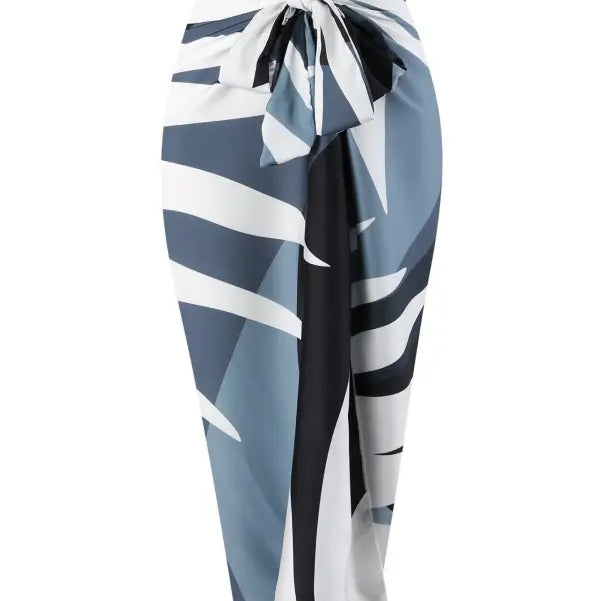 Abstract-patterned sarong paired with Boho Summer Color Block Jumpsuit in wine red, pink, green