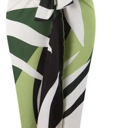 Green, white, and black patterned sarong for stylish Boho Summer Color Block Jumpsuit