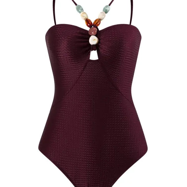 Maroon one-piece swimsuit with beaded straps for the Boho Summer Color Block Jumpsuit