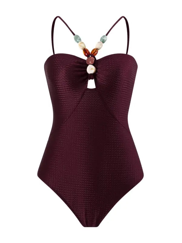Maroon one-piece swimsuit with beaded straps for the Boho Summer Color Block Jumpsuit