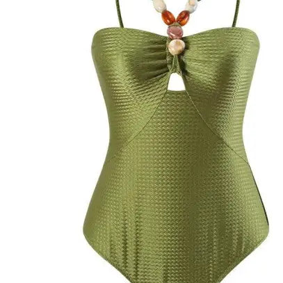 Green textured one-piece swimsuit with beaded straps from Boho Summer Color Block Jumpsuit