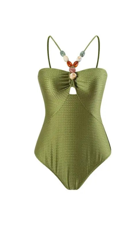 Green textured one-piece swimsuit with beaded straps from Boho Summer Color Block Jumpsuit
