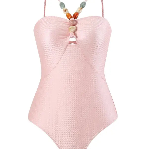 Pink one-piece swimsuit with beaded straps from Boho Summer Color Block Jumpsuit collection