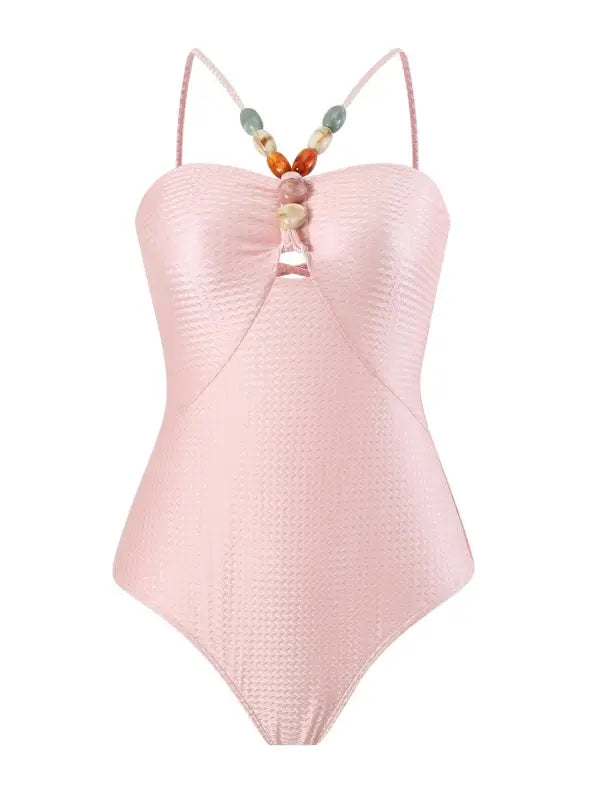 Pink one-piece swimsuit with beaded straps from Boho Summer Color Block Jumpsuit collection