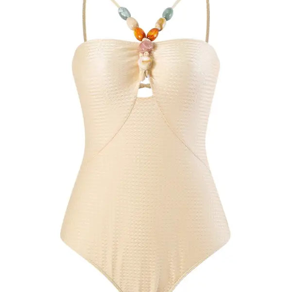 Beige one-piece swimsuit with beaded straps for Boho Summer Color Block Jumpsuit