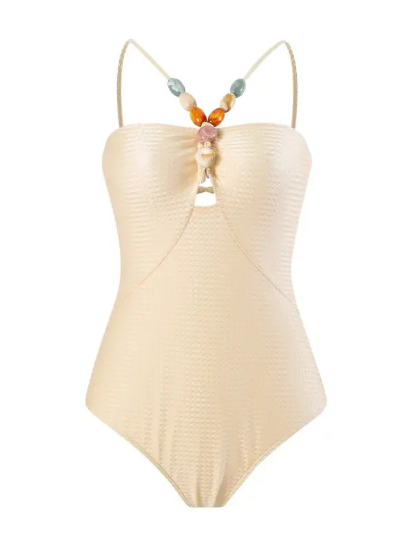 Beige one-piece swimsuit with beaded straps for Boho Summer Color Block Jumpsuit