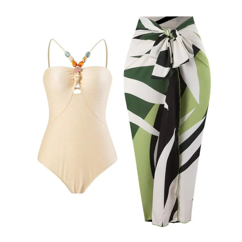 Beige swimsuit with patterned sarong styled with Wine Red, Pink, or Green jumpsuits