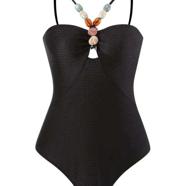 Black one-piece swimsuit with beaded straps for the Wine Red Jumpsuit collection