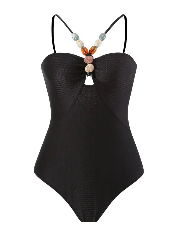 Black one-piece swimsuit with beaded straps for the Wine Red Jumpsuit collection