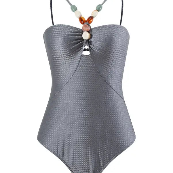 Gray textured one-piece swimsuit with beaded straps for Boho Summer Color Block Jumpsuit