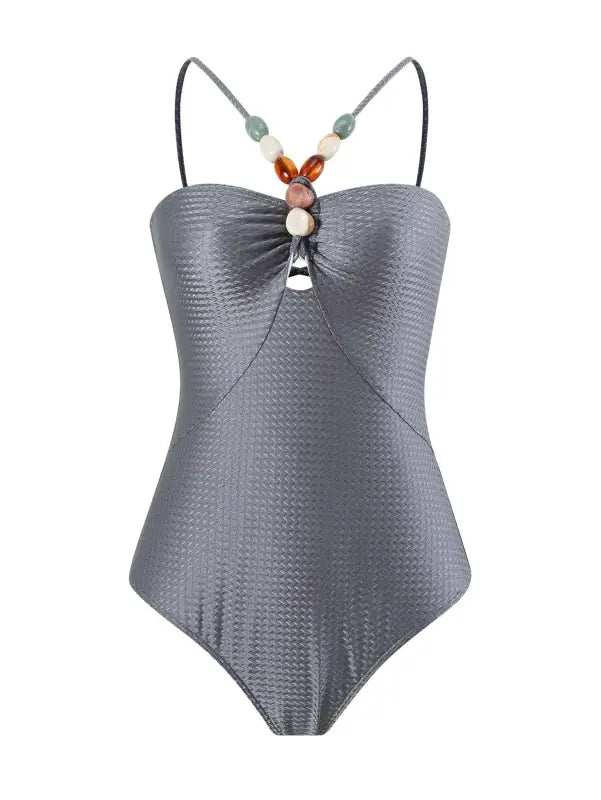 Gray textured one-piece swimsuit with beaded straps for Boho Summer Color Block Jumpsuit