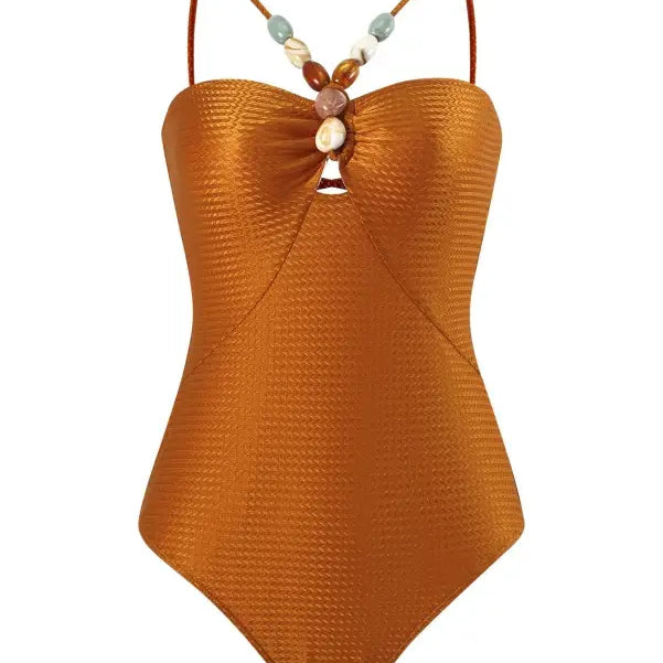 Orange textured one-piece swimsuit featuring beaded straps, ideal for a Boho Summer vibe