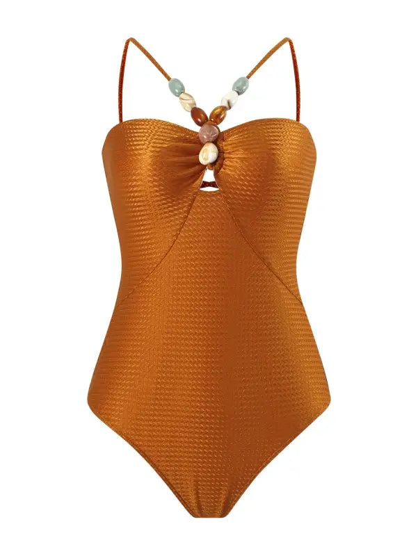 Orange textured one-piece swimsuit featuring beaded straps, ideal for a Boho Summer vibe