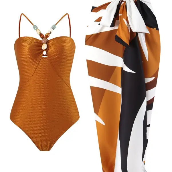 Brown textured swimsuit with patterned sarong beside Wine Red, Pink, or Green jumpsuit