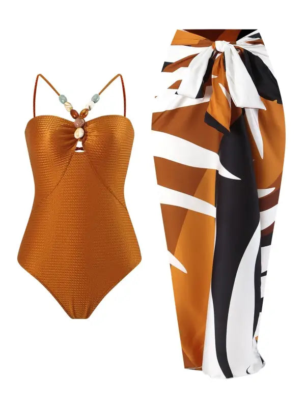 Brown textured swimsuit with patterned sarong beside Wine Red, Pink, or Green jumpsuit