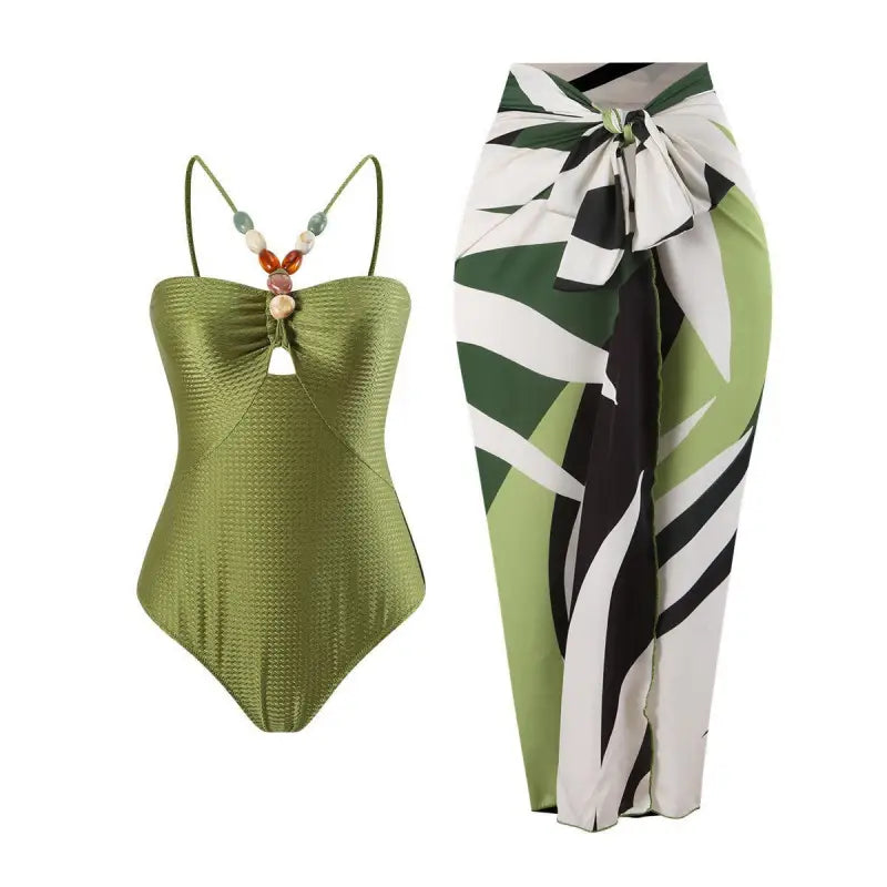 Green jumpsuit with beaded straps and patterned sarong in Boho Summer style