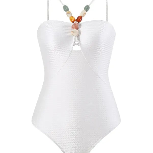 White one-piece swimsuit with beaded straps for Boho Summer Color Block Jumpsuit