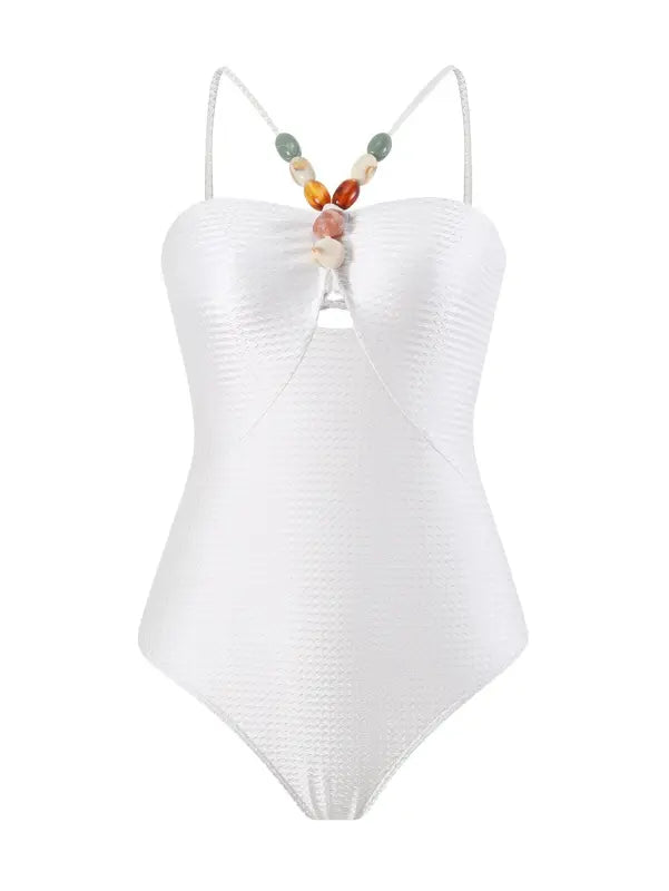 White one-piece swimsuit with beaded straps for Boho Summer Color Block Jumpsuit