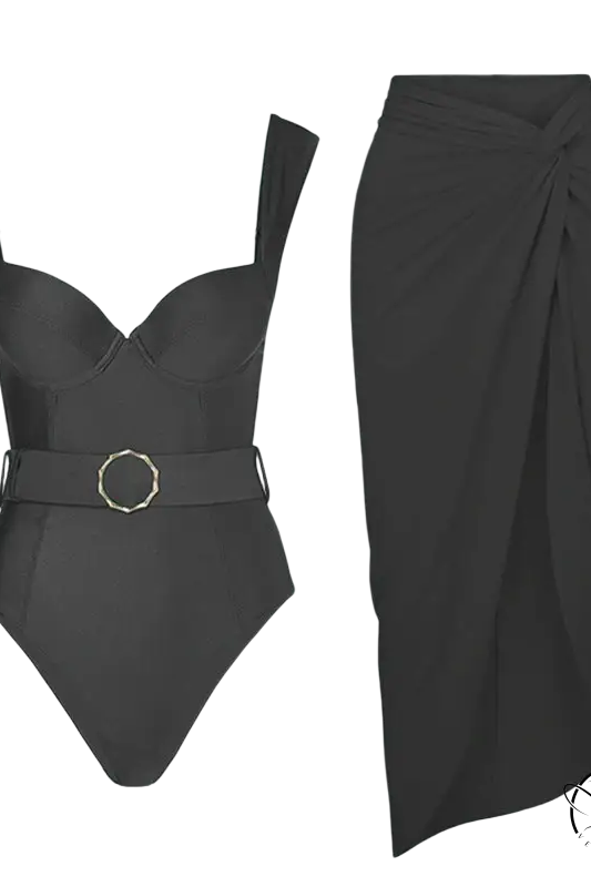 Green wrap skirt with black french cut swimsuit set