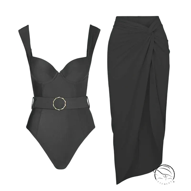 Green wrap skirt with black french cut swimsuit set