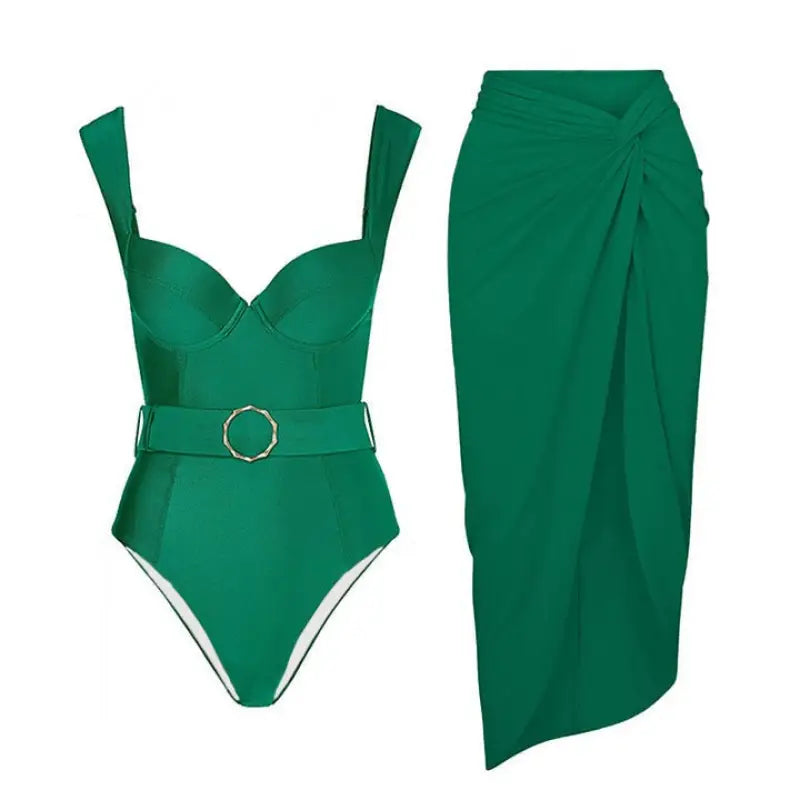 Green wrap skirt and swimsuit ensemble from Boho Summer Midi Dress with Belted Ruched Sleeves