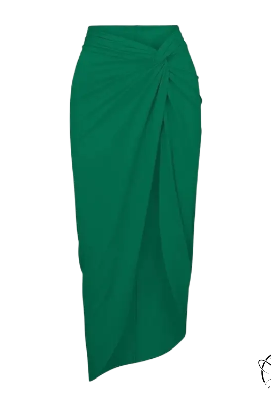 Emerald green knotted wrap skirt in boho summer midi dress