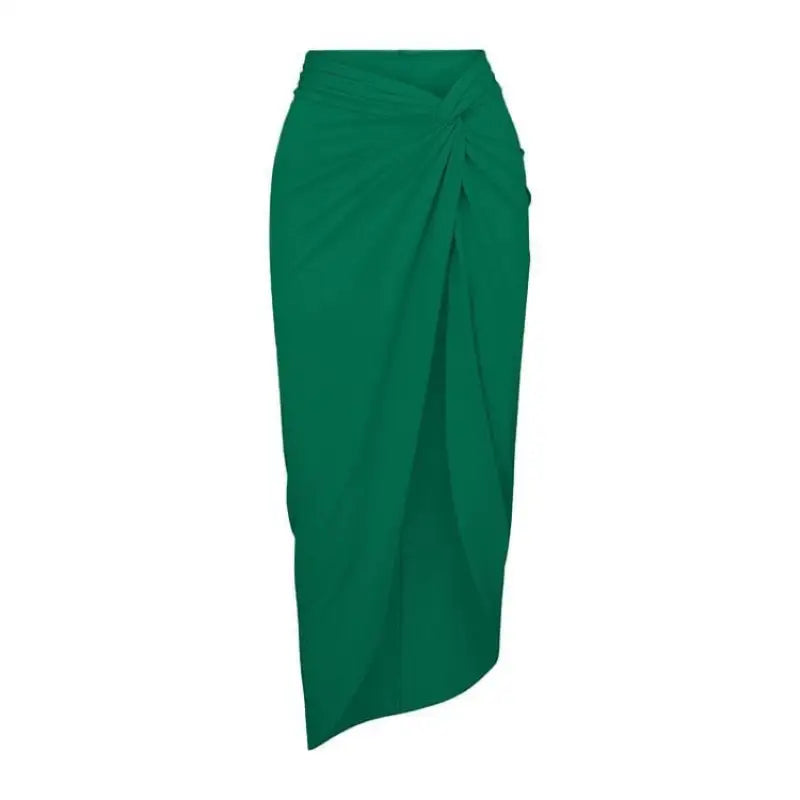 Emerald green knotted skirt featured in Boho Summer Midi Dress with Belted Ruched Twisted Sleeves