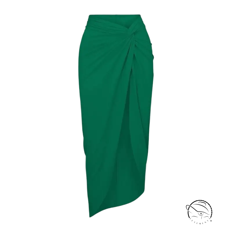 Emerald green knotted wrap skirt in boho summer midi dress