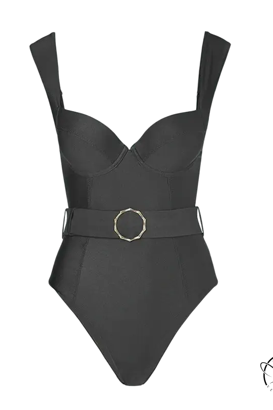 Green ruched midi dress with black belted one-piece swimsuit