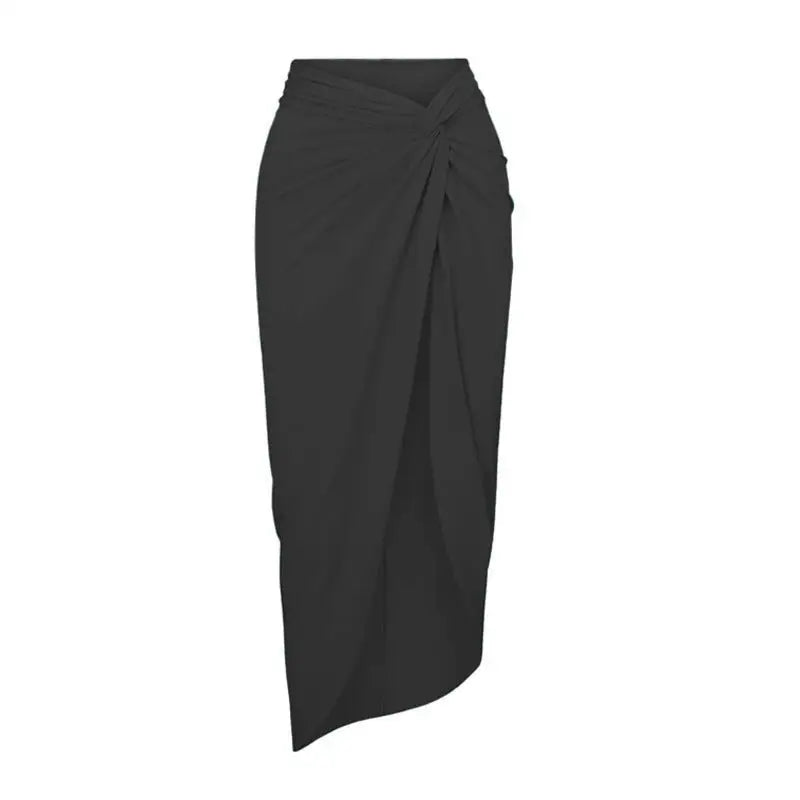 Black draped skirt detail of Boho Summer Midi Dress with Belted Ruched Twisted Sleeves