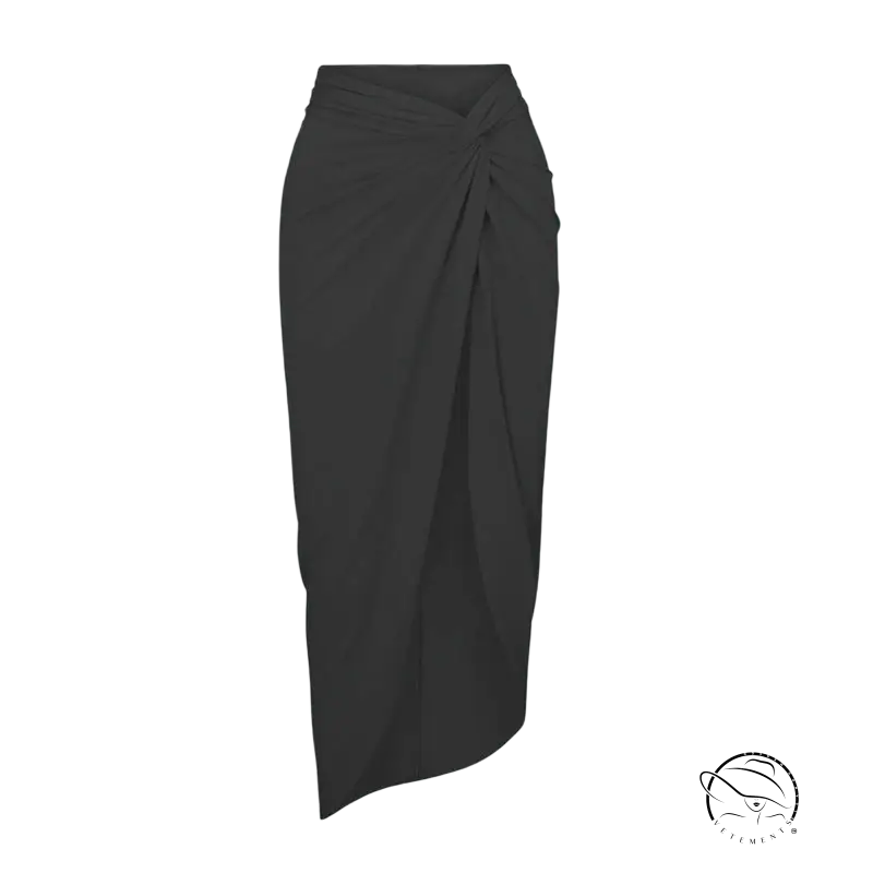 Green boho midi dress with black draped wrap skirt and ruched sleeves