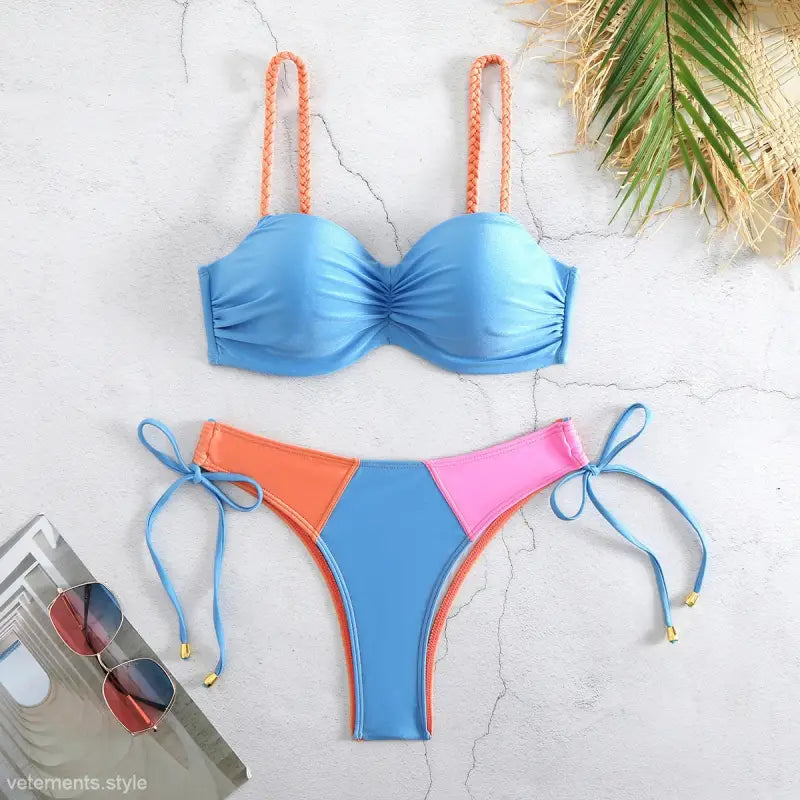 Colorful two-piece swimsuit with cup orange pink and strap, perfect for Hard Bag Bikini